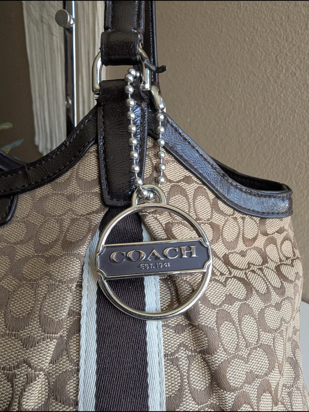 Coach Signature Stripe Devin Shoulder Tote Bag
